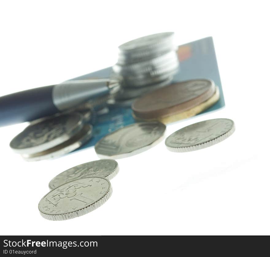 Czech bank notes and coins on white background