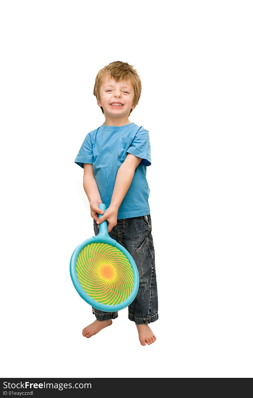 Four year old boy holding a toy bat, smiling. Four year old boy holding a toy bat, smiling.