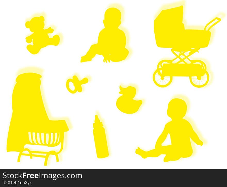 Baby silhouettes with baby objects and game silhouettes. Baby silhouettes with baby objects and game silhouettes