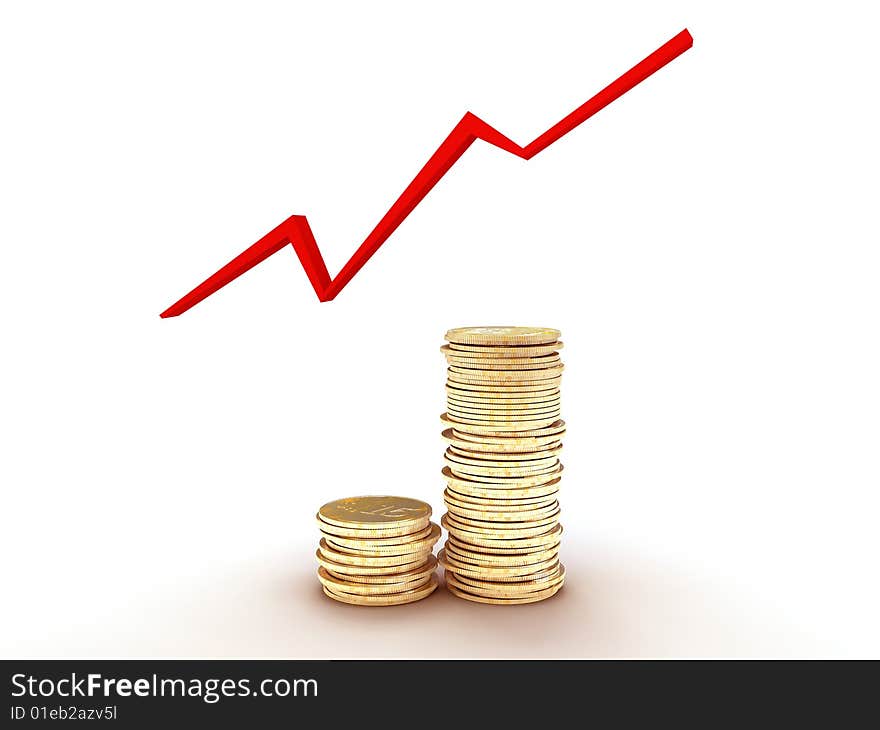 3d image.Conceptual stacks of golden coins and a diagram in background. 3d image.Conceptual stacks of golden coins and a diagram in background.