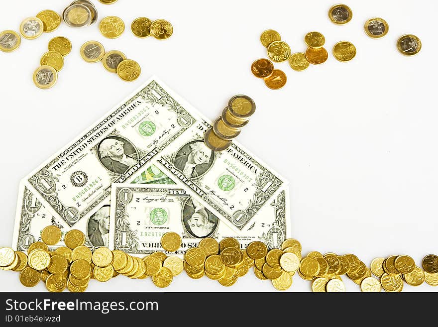 Banknotes and coins close up. Banknotes and coins close up