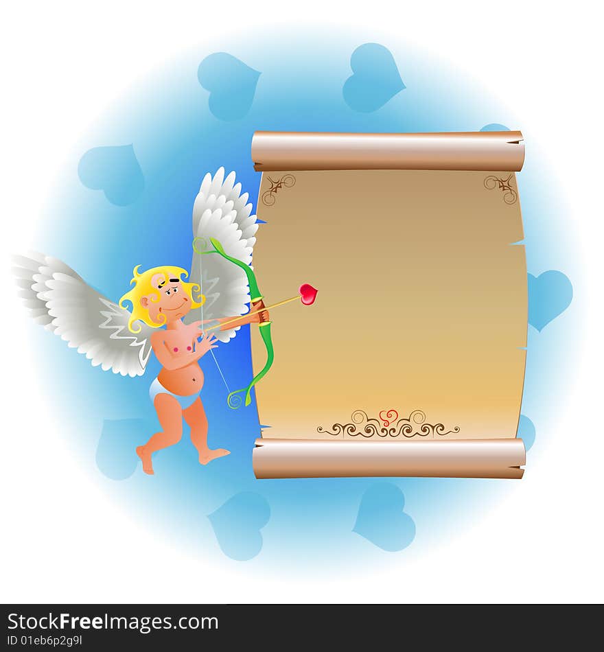 Angel and package on blue background