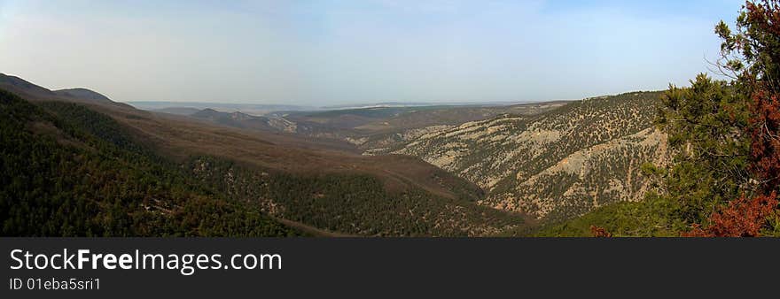 Panoramas of the Chernorechensky canyon in Crimean mountains