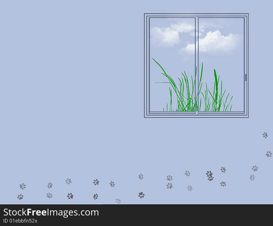 An illustration with window, grass and cat's tracks. An illustration with window, grass and cat's tracks.