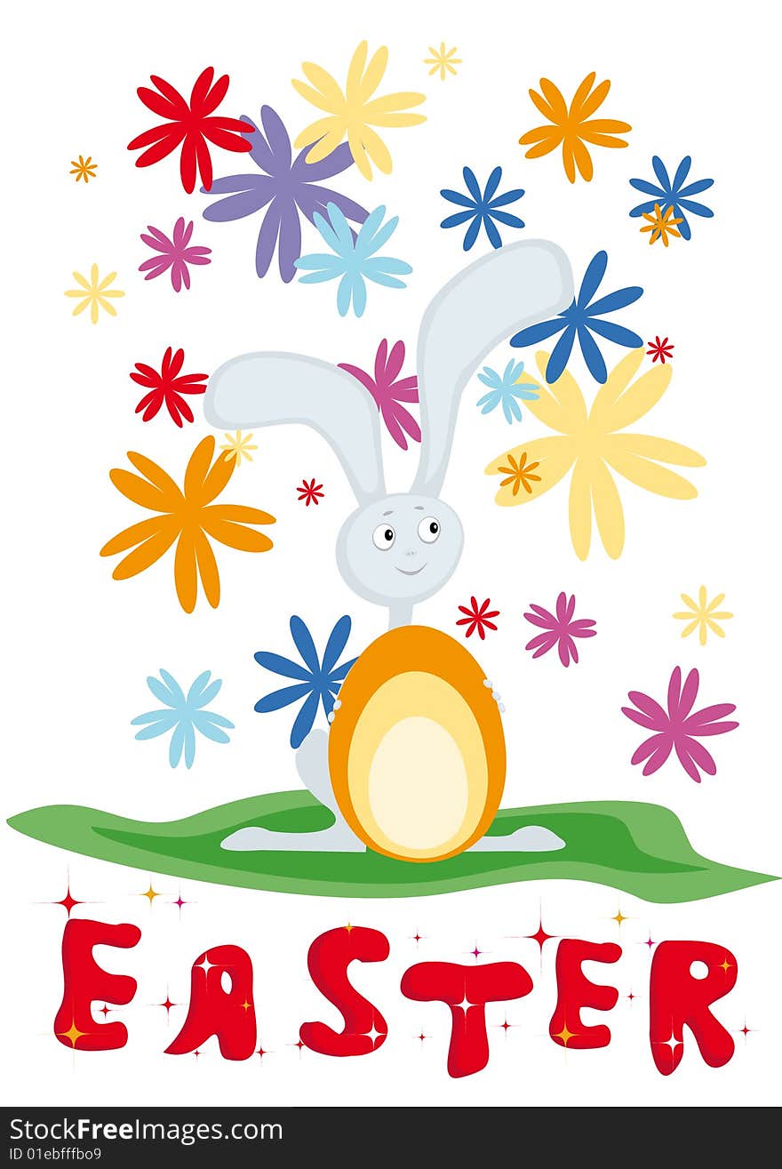 Card for Easter with rabbit, egg and flowers. Card for Easter with rabbit, egg and flowers