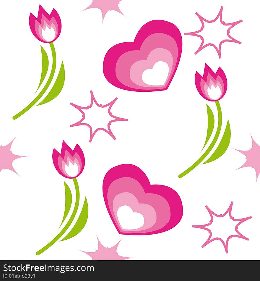 Seamless pattern with tulips, hearts and stars