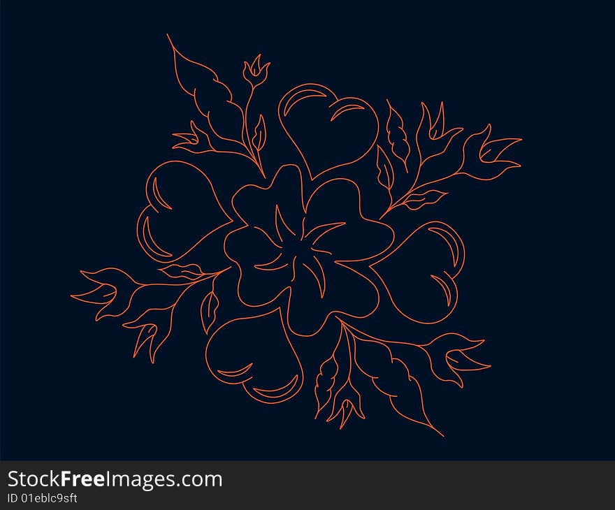 Pattern from flowers and hearts on navy blue background