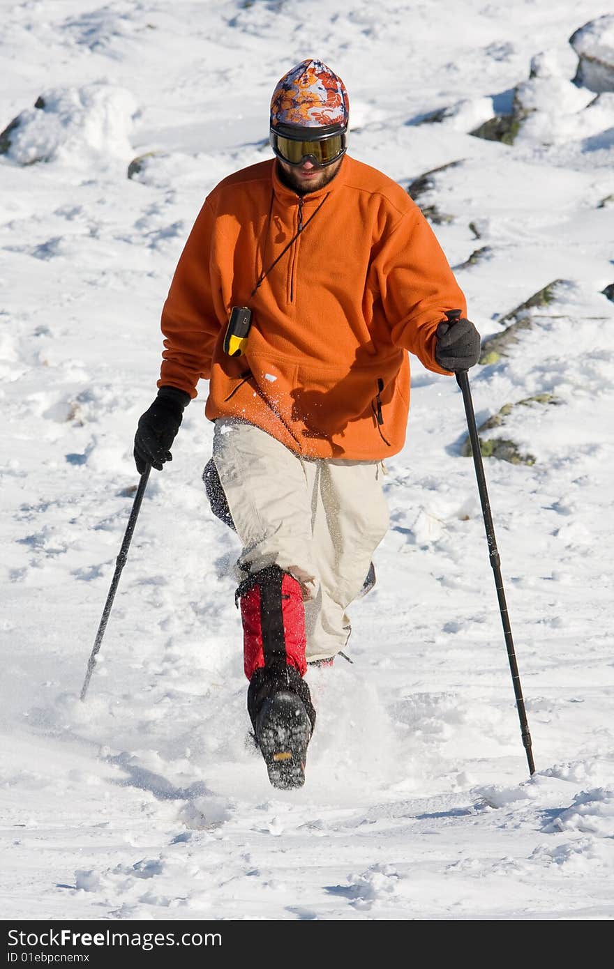 Hiker are in winter in mountains