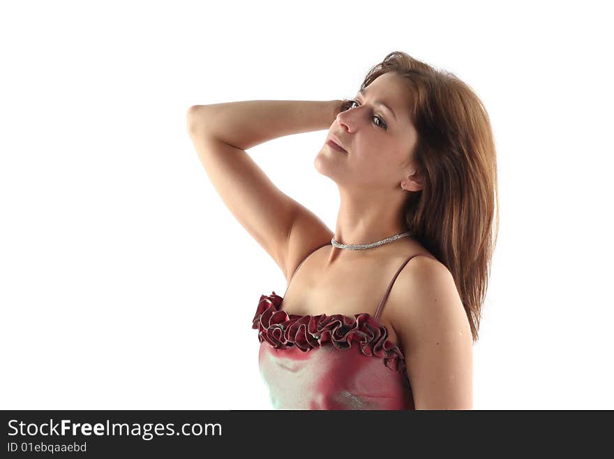 Girl in evening dress isolated on white background