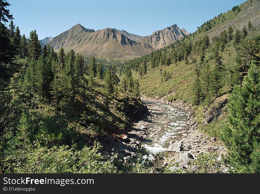 Shumak river valley is located in Sayany mountains (Siberia, Russia).