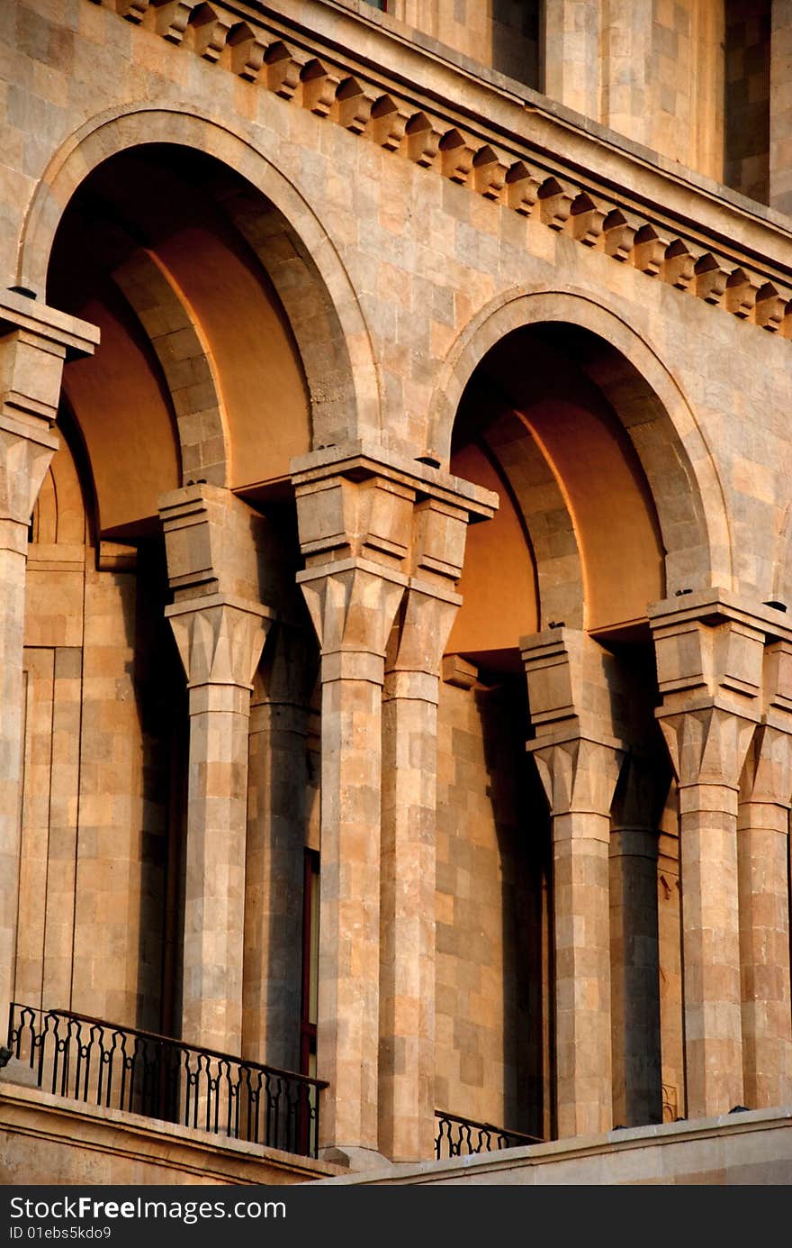 Golden columns and archs of Government House in Baku, Azerbaijan