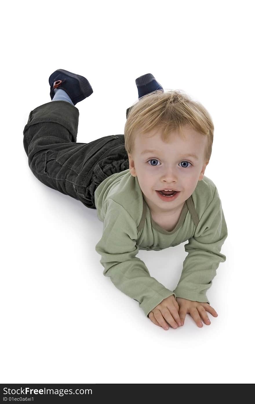 Merry recumbent boy on egg white background. Merry recumbent boy on egg white background