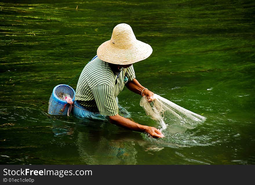 Chinese fisherman with hat and net in green water  in China. Chinese fisherman with hat and net in green water  in China