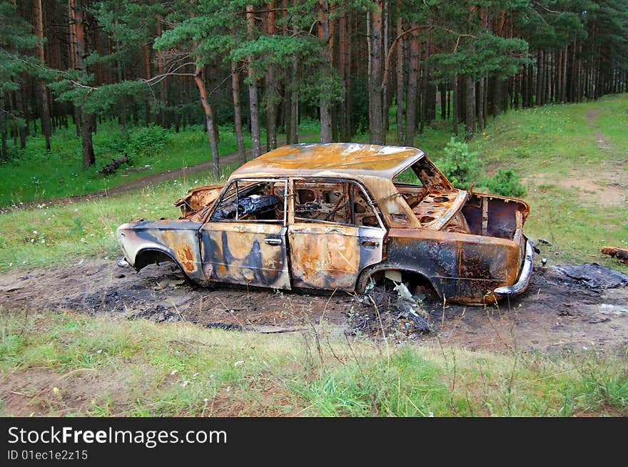 Burnt out car in the forest