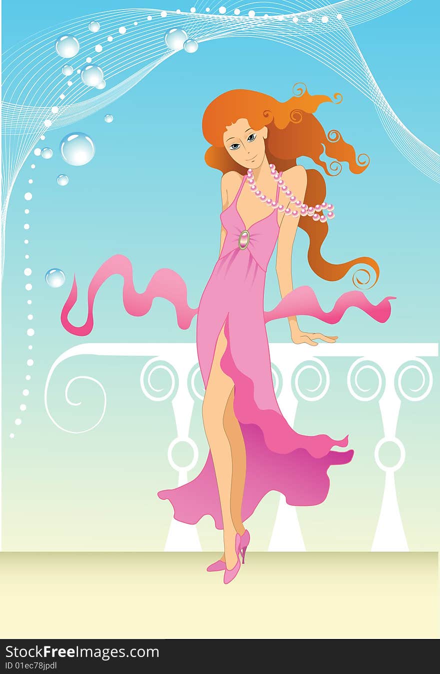 Vector illustration of a young lady staying on the wind