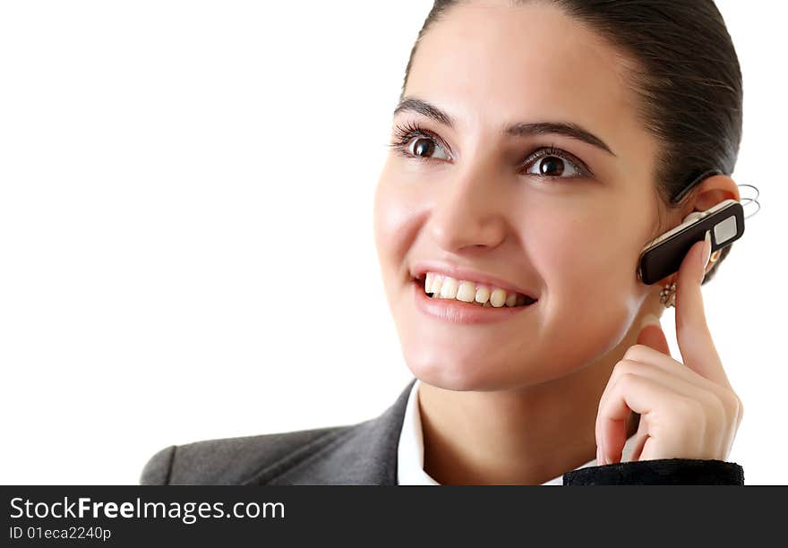 Portrait of young girl with the opened smile, pinning against an ear hands-free device, with optimism looking forward. Look other photos of this series:. Portrait of young girl with the opened smile, pinning against an ear hands-free device, with optimism looking forward. Look other photos of this series: