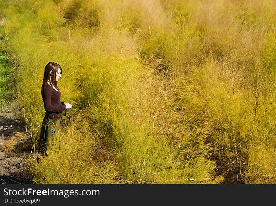 Young woman entering in a colorful field. Young woman entering in a colorful field.