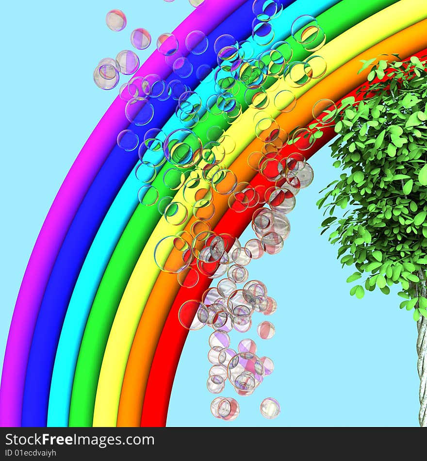 Rainbow, tree and soap bubbles