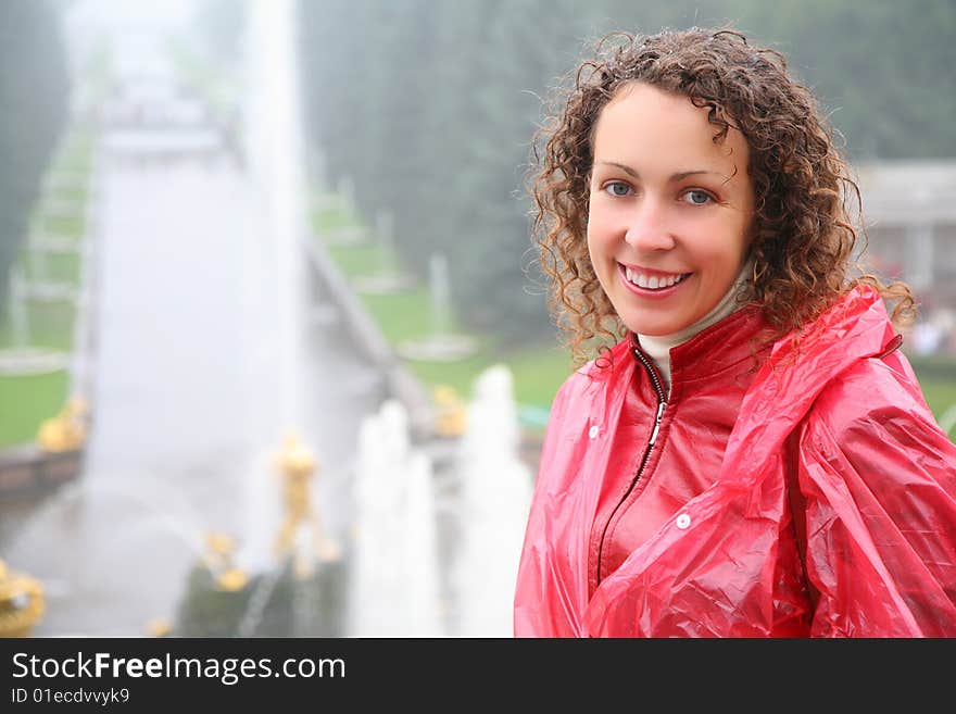 Young woman on large cascade in Peterhof