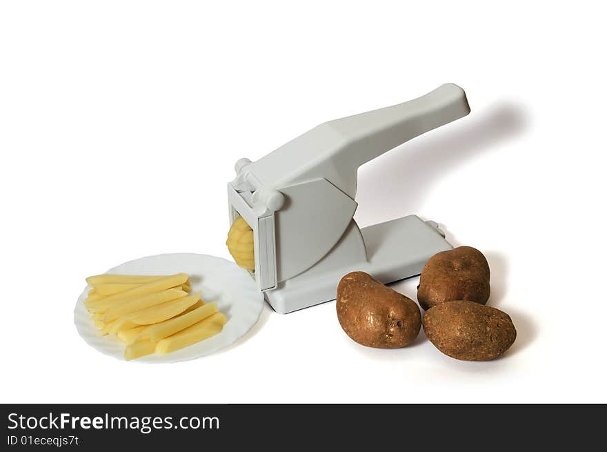 French Fries Cutter with potatoes isolated on white background. French Fries Cutter with potatoes isolated on white background