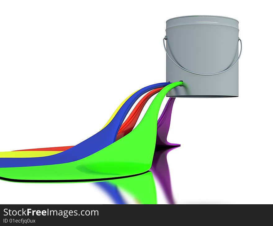 Bucket with a colour paint  on mirror plane. Bucket with a colour paint  on mirror plane