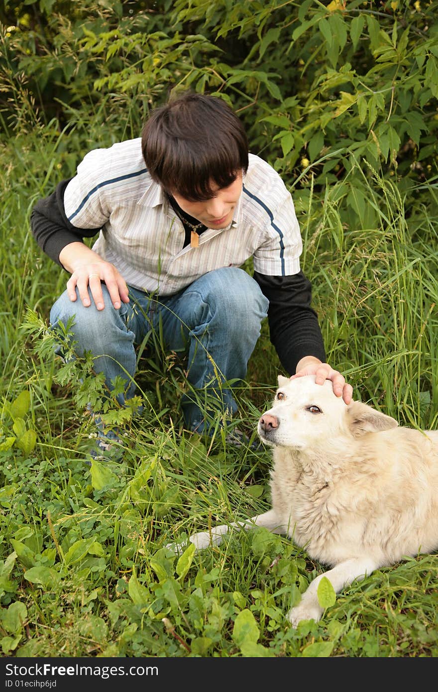 Fellow caresses by hand dog in  grass