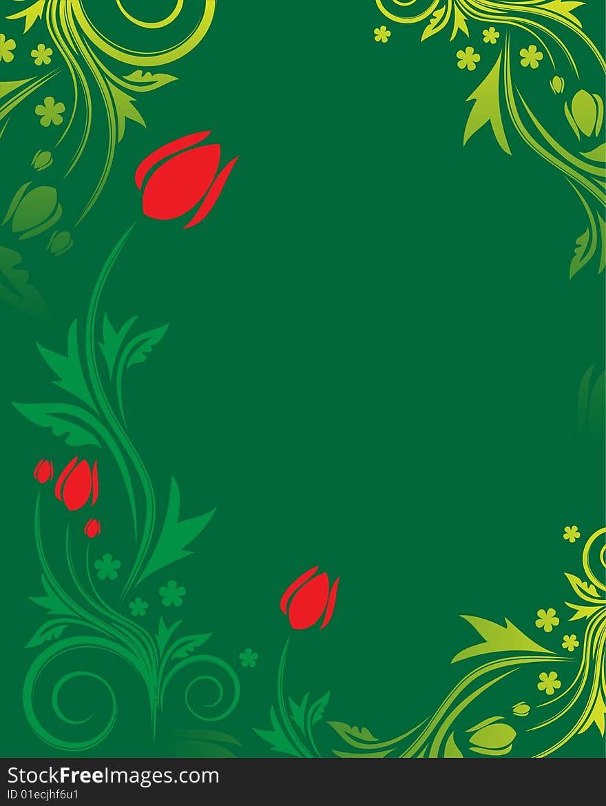 Green floral background with red flowers