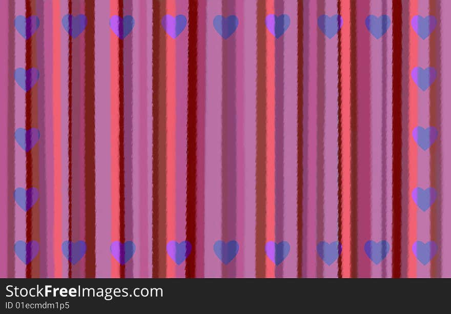 Hand drawn and textured stripes of various pink tones with a frame of blue hearts. Hand drawn and textured stripes of various pink tones with a frame of blue hearts