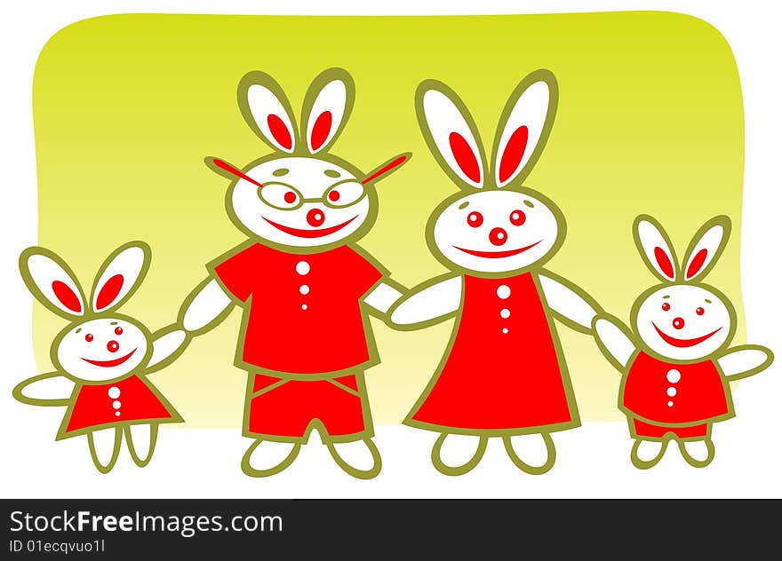 Cheerful cartoon rabbits family on a green background.