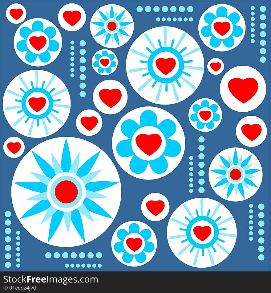 Romantic pattern with hearts and flowers isolated on a blue background. Romantic pattern with hearts and flowers isolated on a blue background.