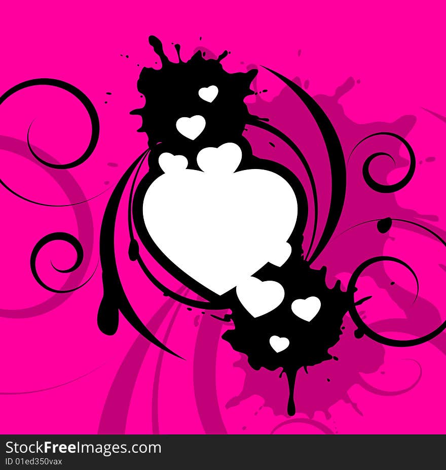 White hearts with decorative black elements on a pink background. White hearts with decorative black elements on a pink background