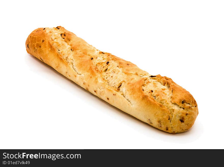 Long loaf. French bread on a white background