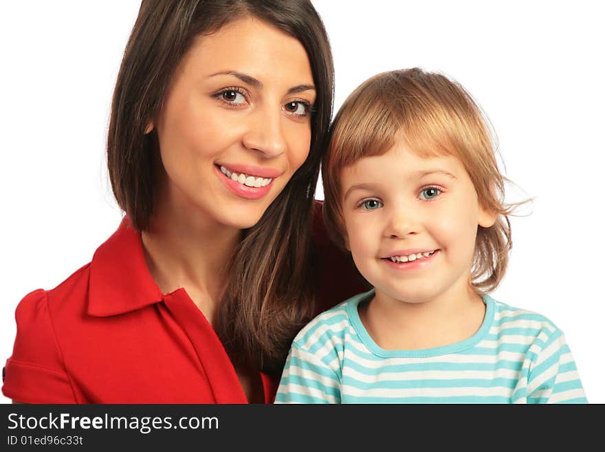 Woman and girl close-up on white