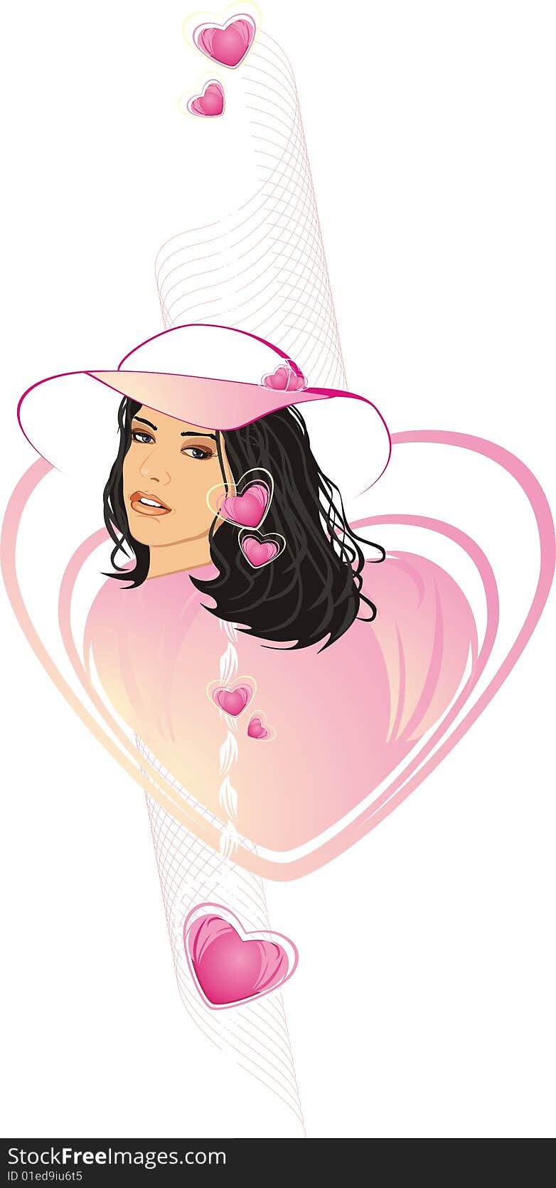 Beautiful Woman In A Hat Among Hearts