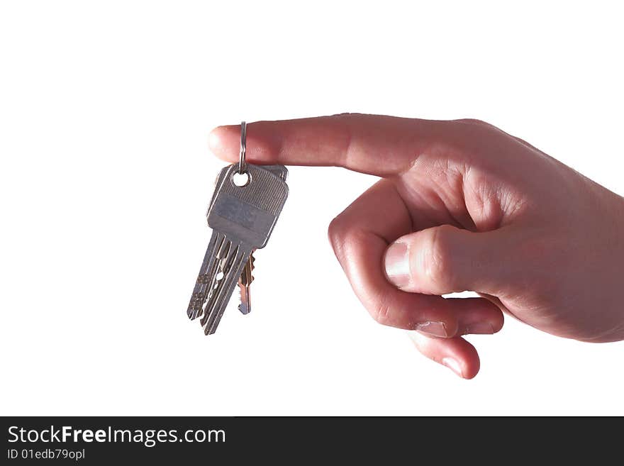 A hand is giving someone a bunch of keys. Isolated over white. A hand is giving someone a bunch of keys. Isolated over white.