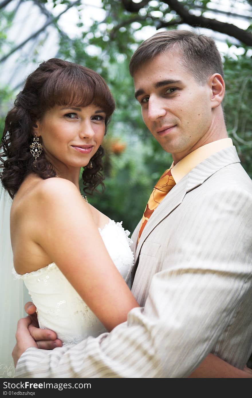 The newlyweds walking in park after the wedding. The newlyweds walking in park after the wedding