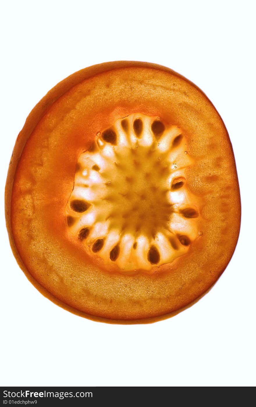 Inside of a red tomato on white background. Inside of a red tomato on white background