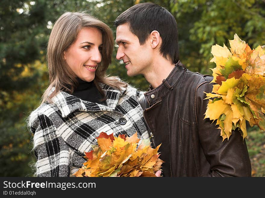 Loving couple in an autumnal park