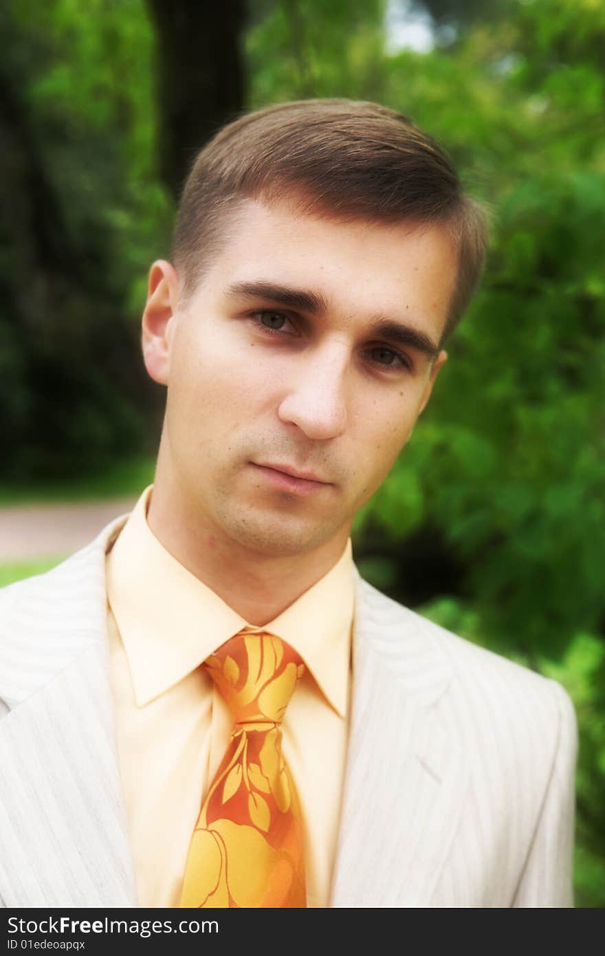 Portrait of a handsome man in business suit during his walk in a park. Portrait of a handsome man in business suit during his walk in a park