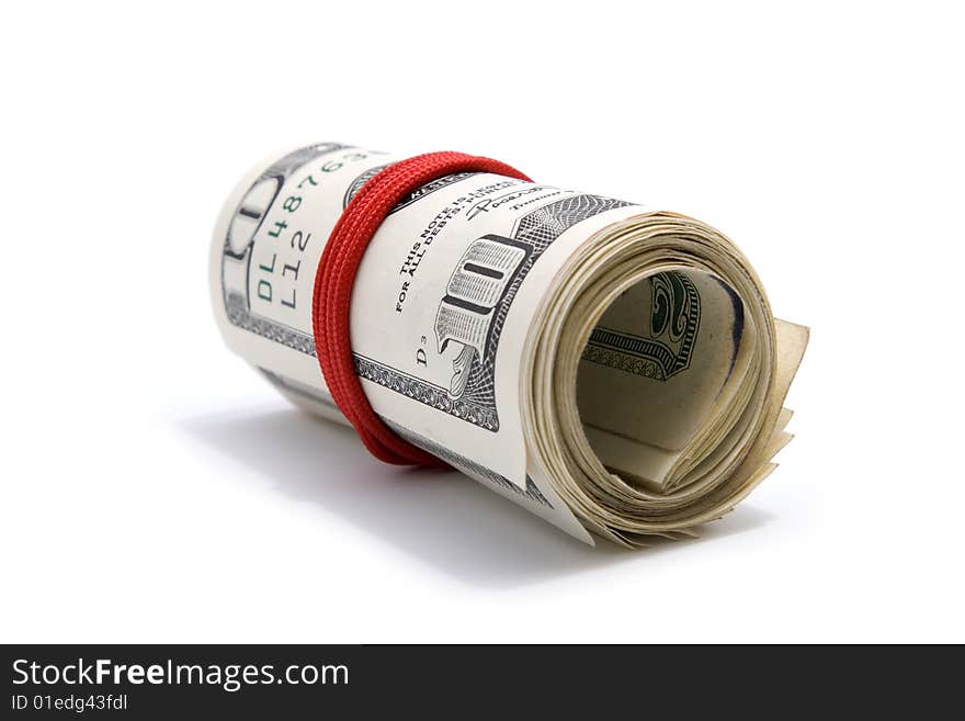 Stack of ten dollar banknotes on white background