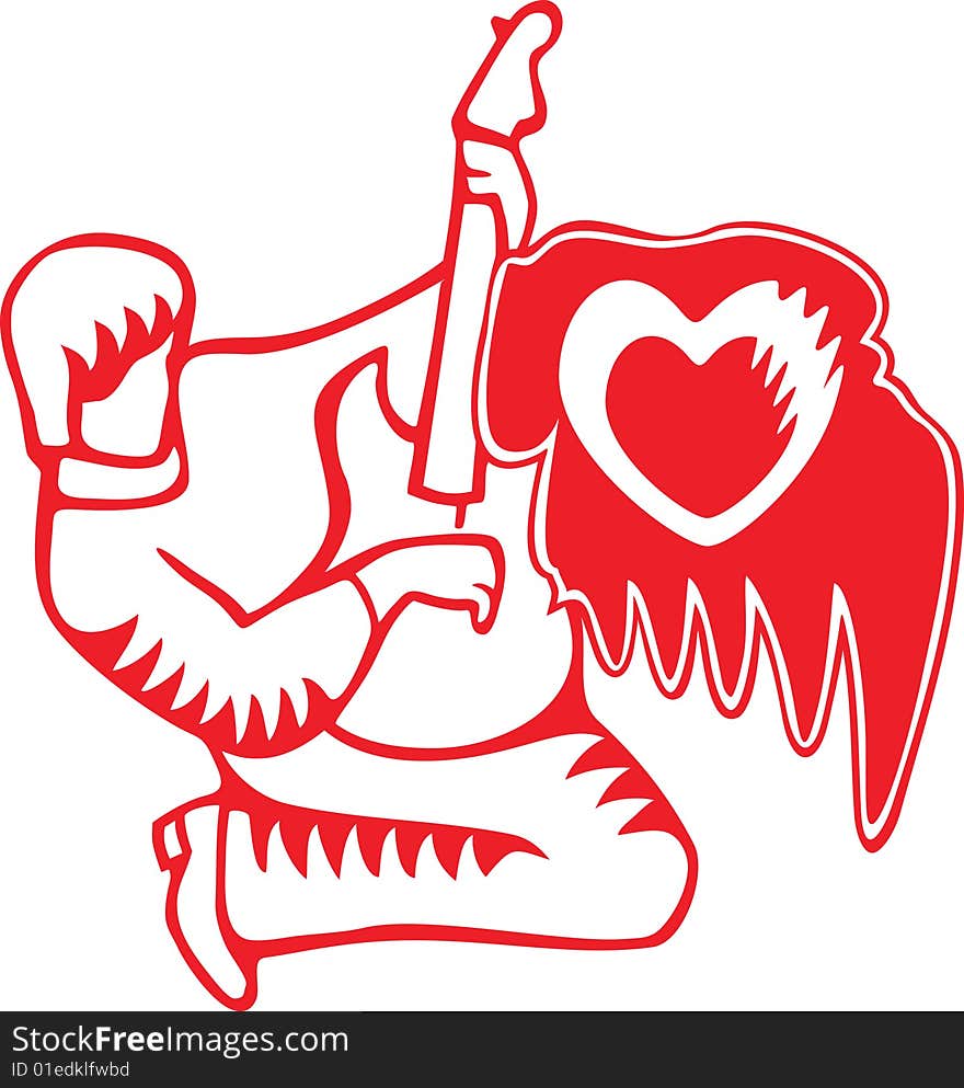 An illustration of a guitar player with wing and heart, suitable for a T-shirt design. An illustration of a guitar player with wing and heart, suitable for a T-shirt design