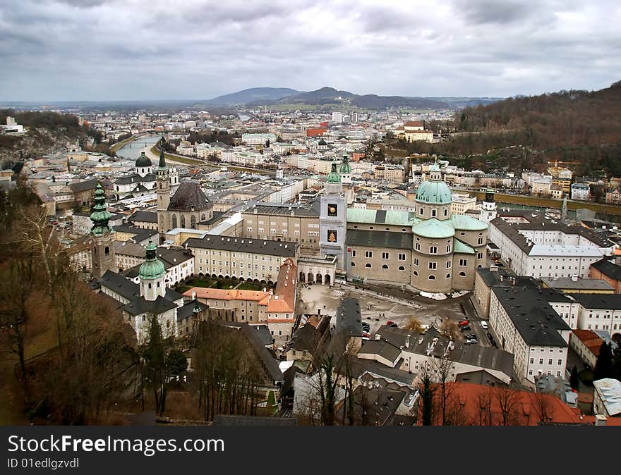 Bird-eye view on historical center of Salzburg, Austria