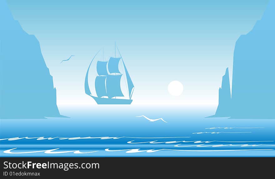 Sailing ship beside coast of the desert island. Sailing ship beside coast of the desert island