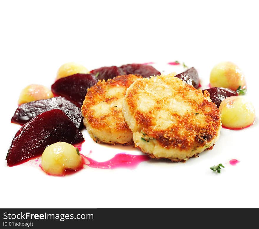 Chicken Confit (Chicken Rolls) with Pickled Beet over White Background