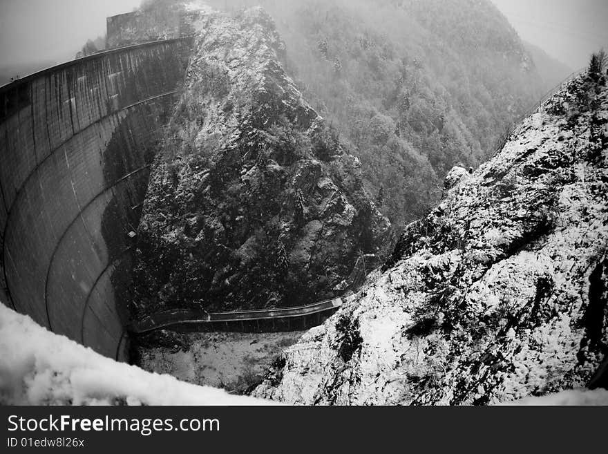 Heavy snow fall at large dam