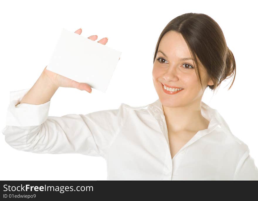 Woman with card for text