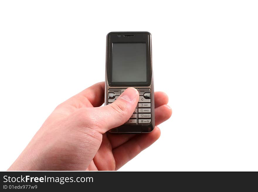 Mobile phone isolated on white. Hand is holding or pushing a button.