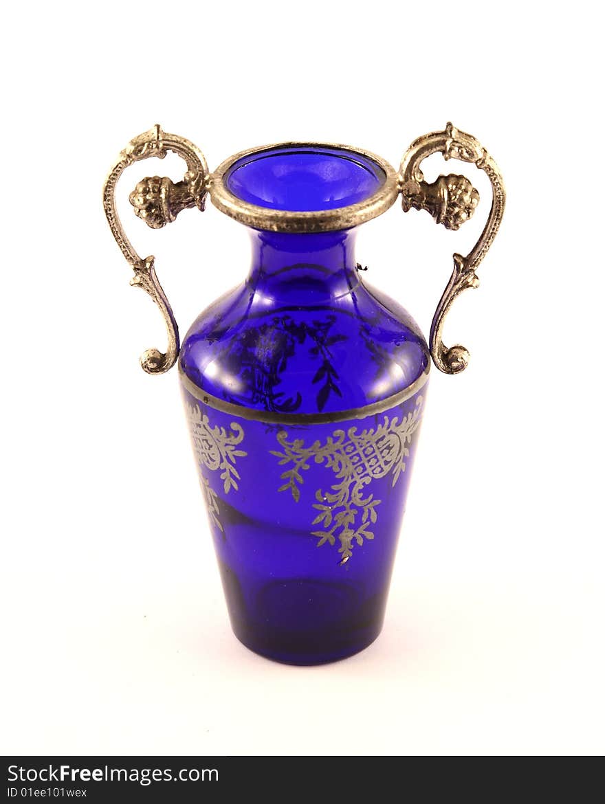 Small decorated blue glass bottle. Small decorated blue glass bottle