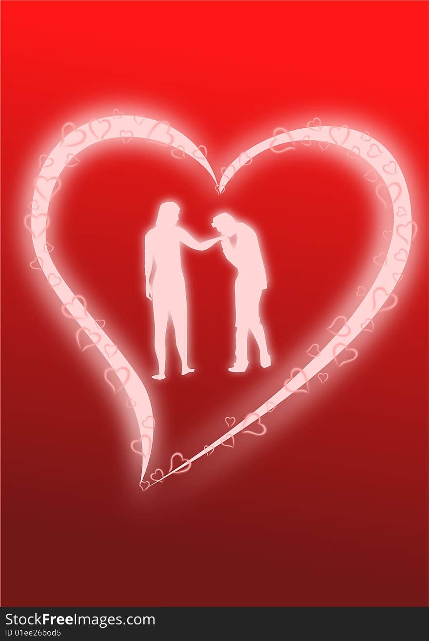 A silhouette of a man kissing a woman’s hand framed in an abstract heart. A silhouette of a man kissing a woman’s hand framed in an abstract heart.