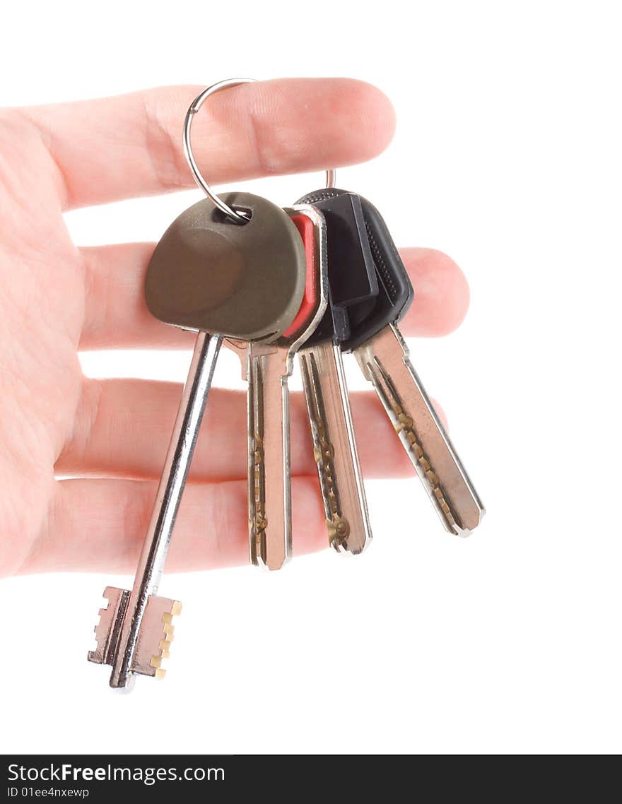 Close-up bunch of keys in hand, isolated on white